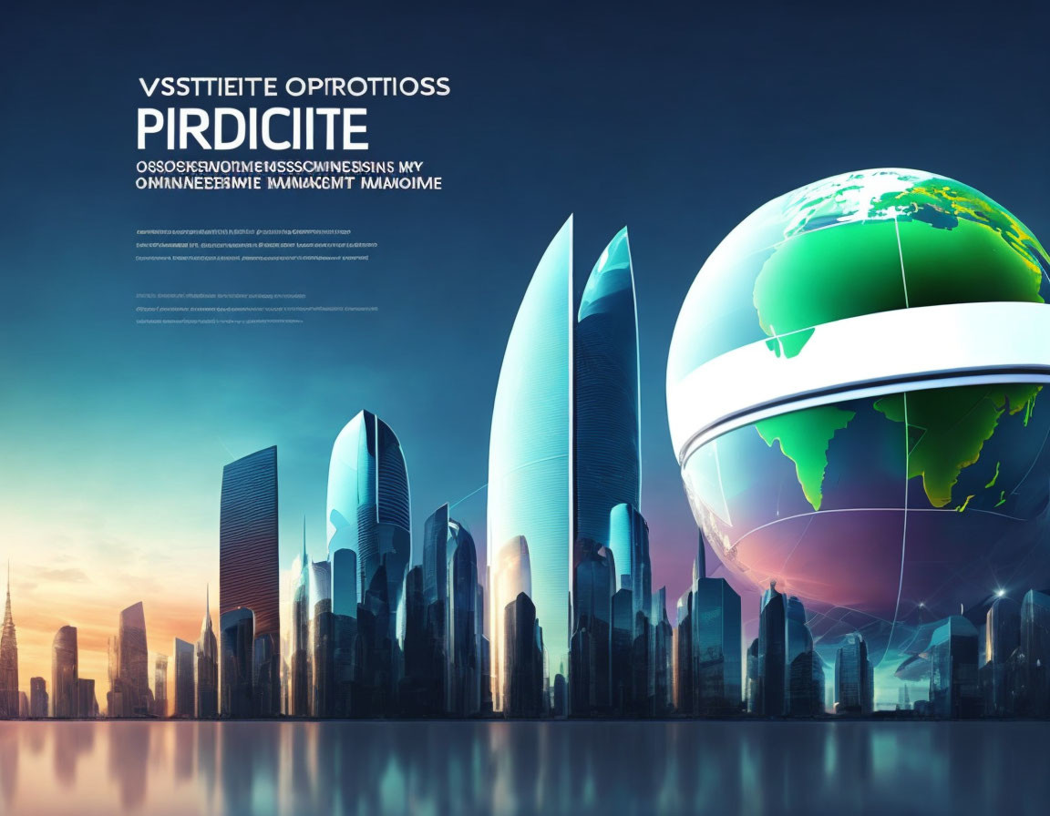 Illuminated futuristic city skyline with globe and cryptic text