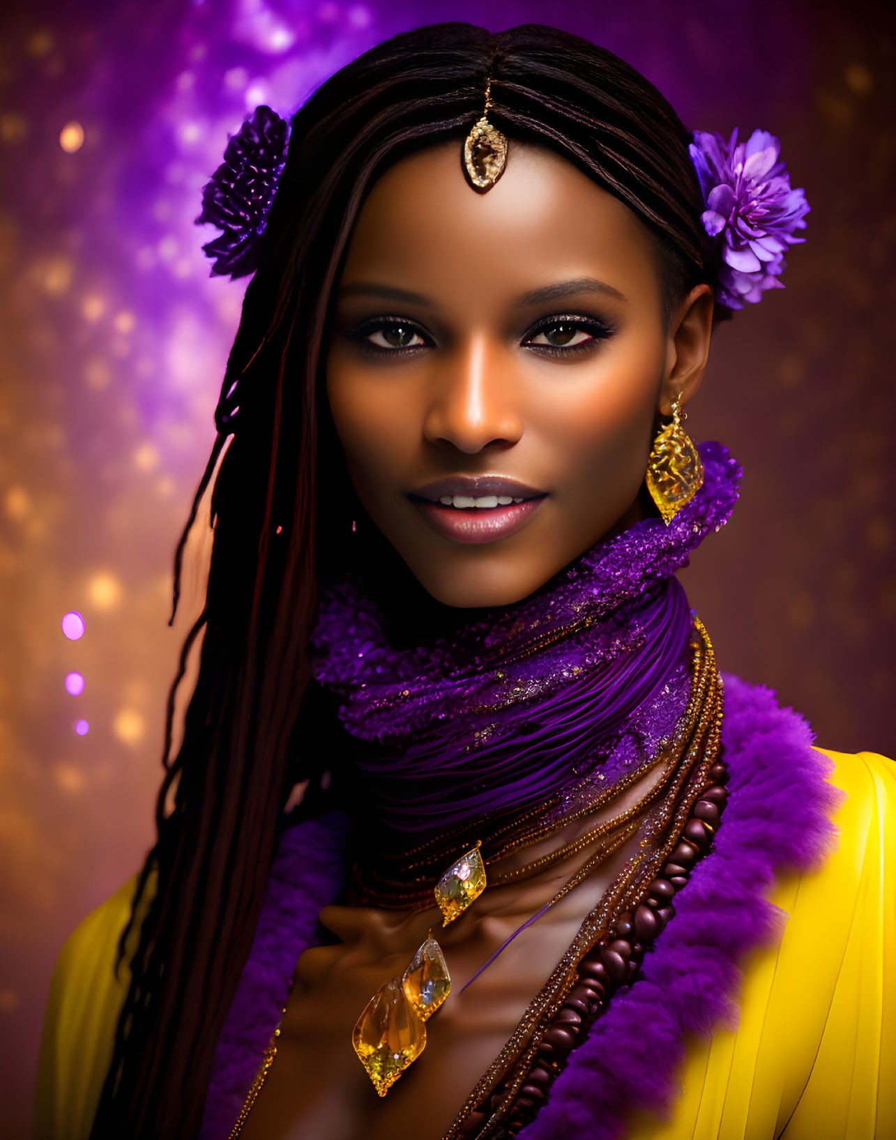 Woman in headpiece and purple accessories poses against bokeh background