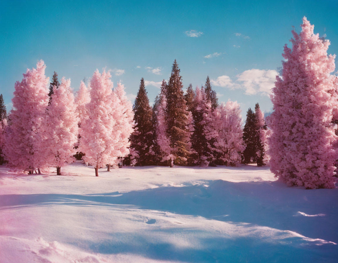 Surreal Winter Landscape with Pink Trees and Blue Sky