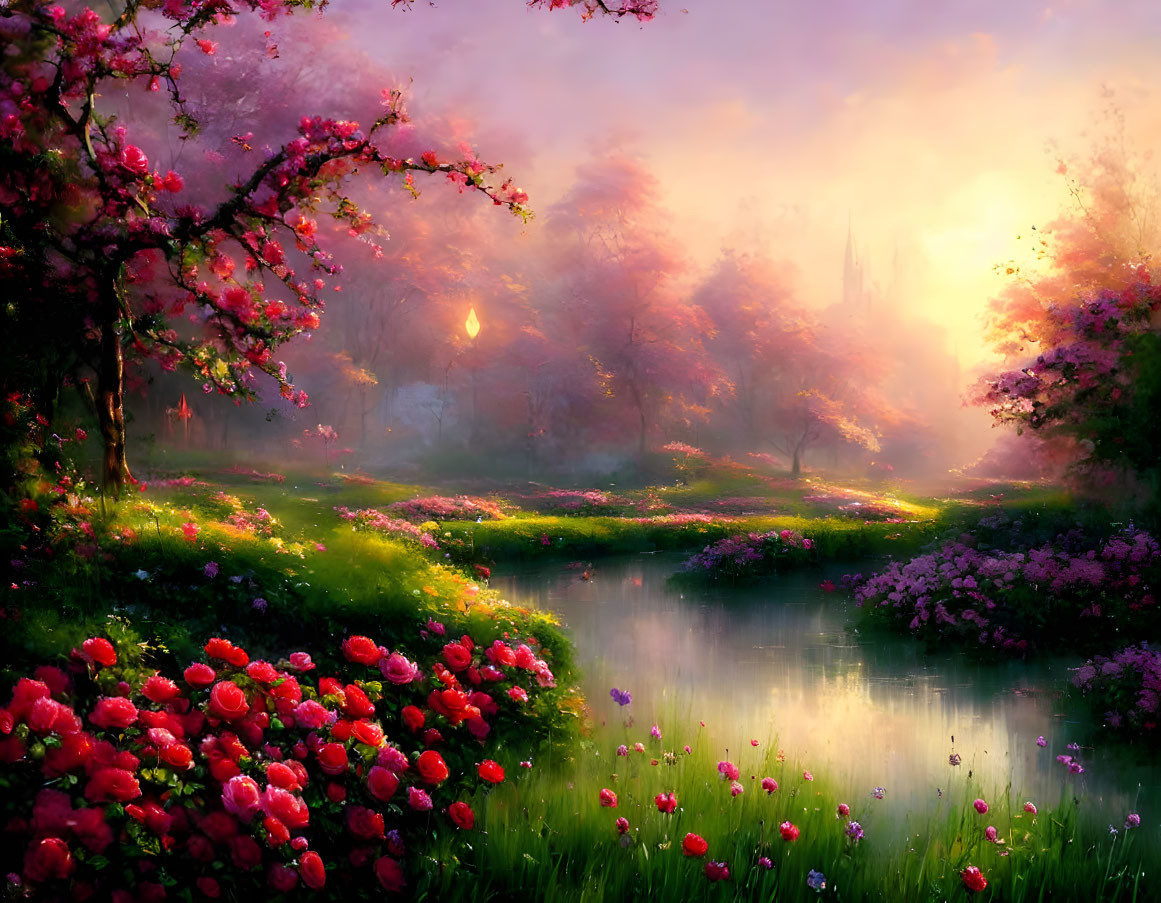 Tranquil landscape with blooming trees, lush bushes, calm river, and glowing sunrise