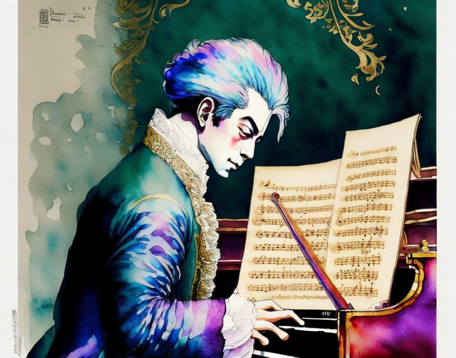 Illustration of person playing piano with blue hair in vibrant colors