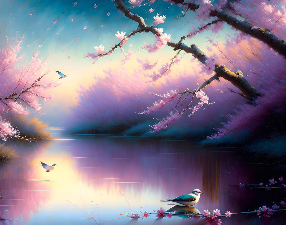 Tranquil lake scene with cherry blossoms and birds