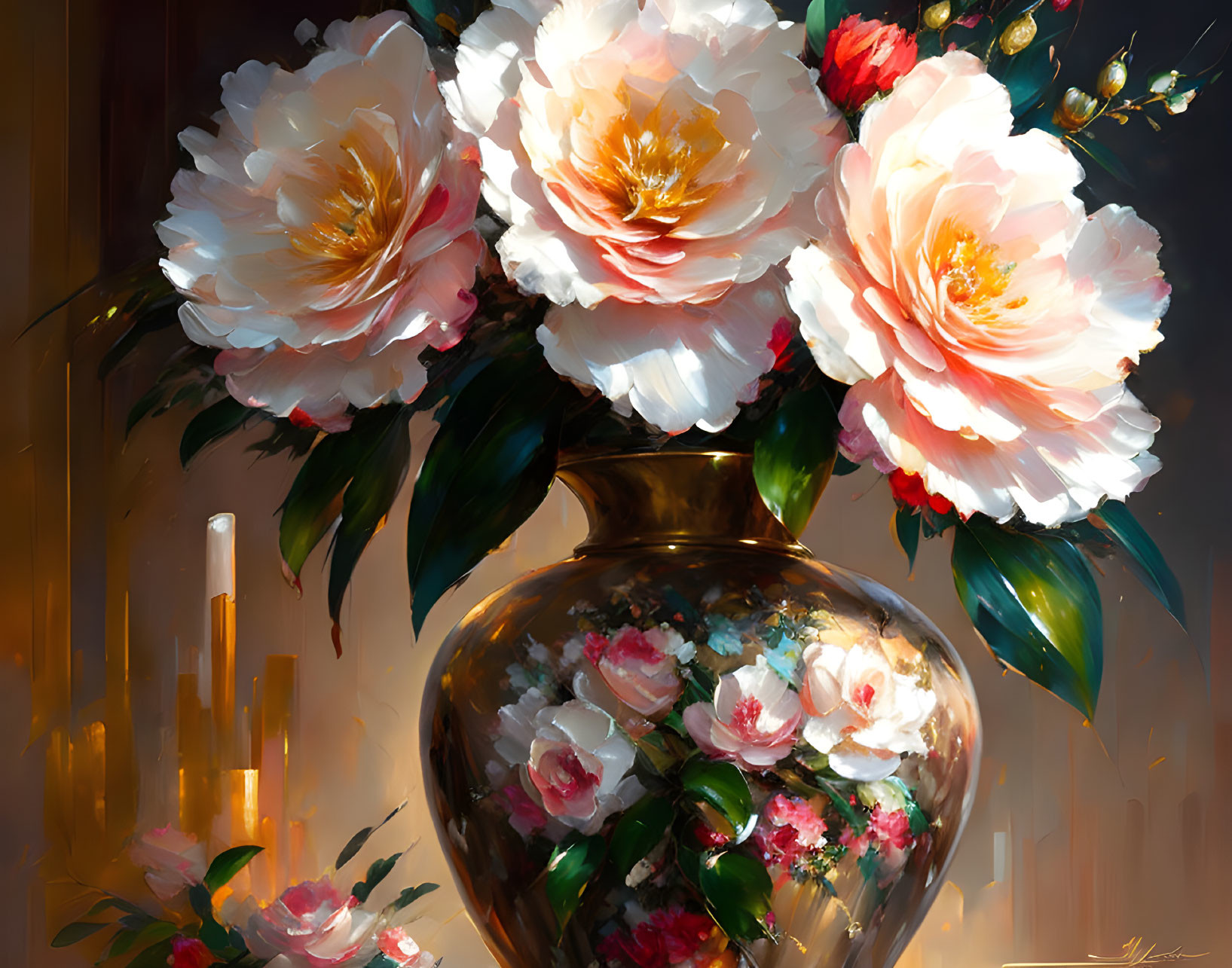 Colorful painting of white and pink flowers in a reflective vase with warm light and candle glow