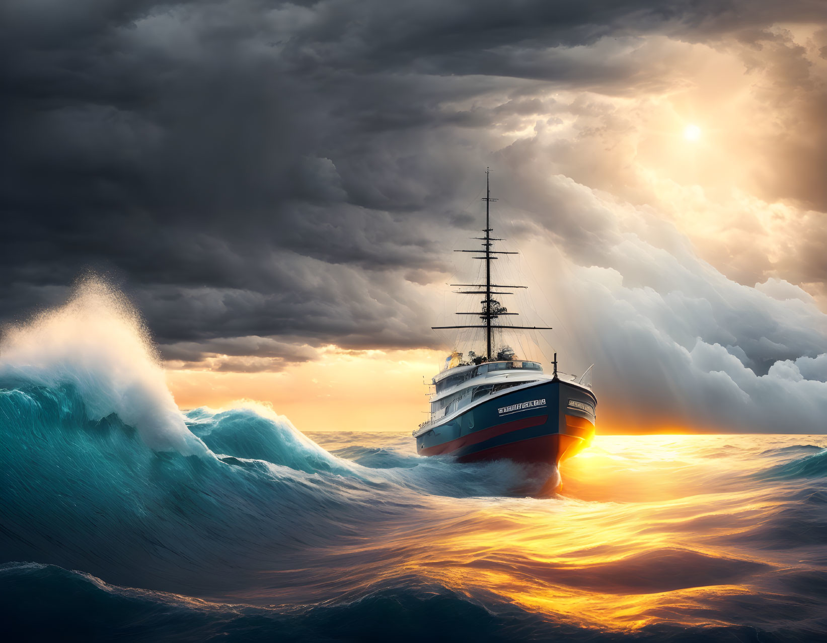 Ship sailing in turbulent seas under dramatic sky with sunlight breaking through clouds