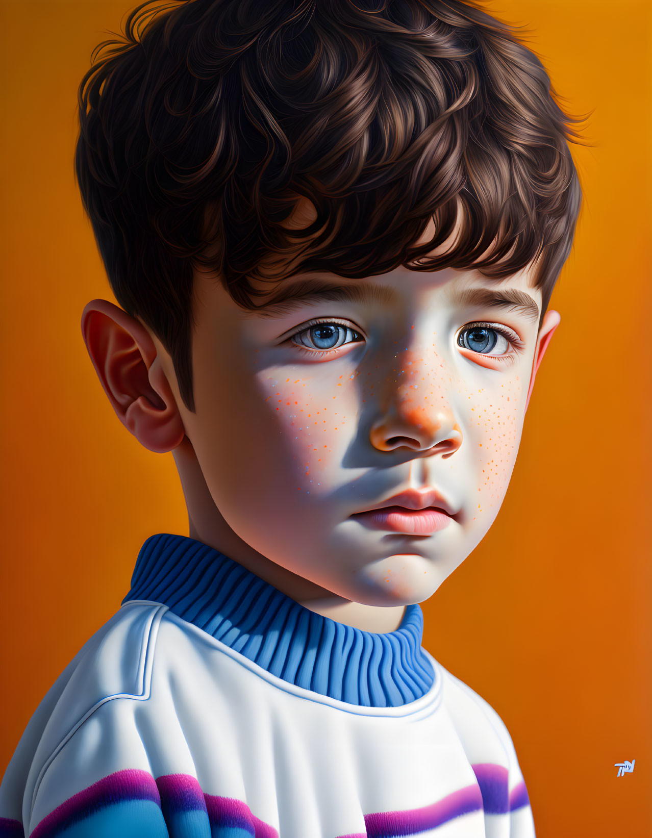 Young boy portrait with curly hair and blue eyes on orange backdrop in striped shirt