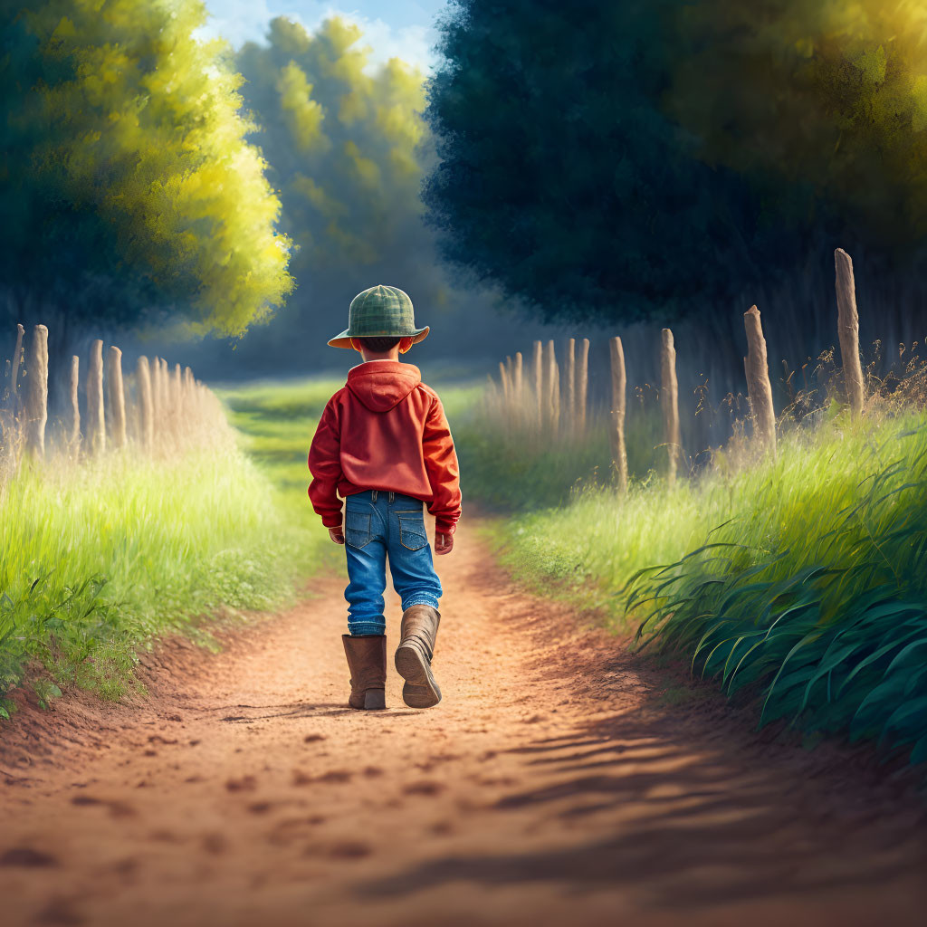 Child in red hoodie and cowboy boots walking on dirt path surrounded by wooden fences and greenery under sunlight