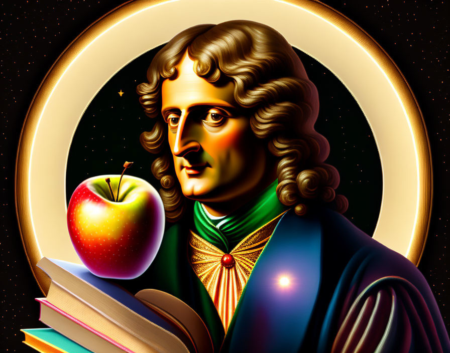 Stylized historical figure with curly hair holding a book and apple on starry background.