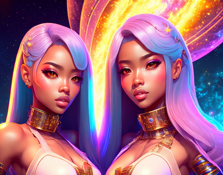 Stylized animated female characters with pastel-colored hair and cosmic background