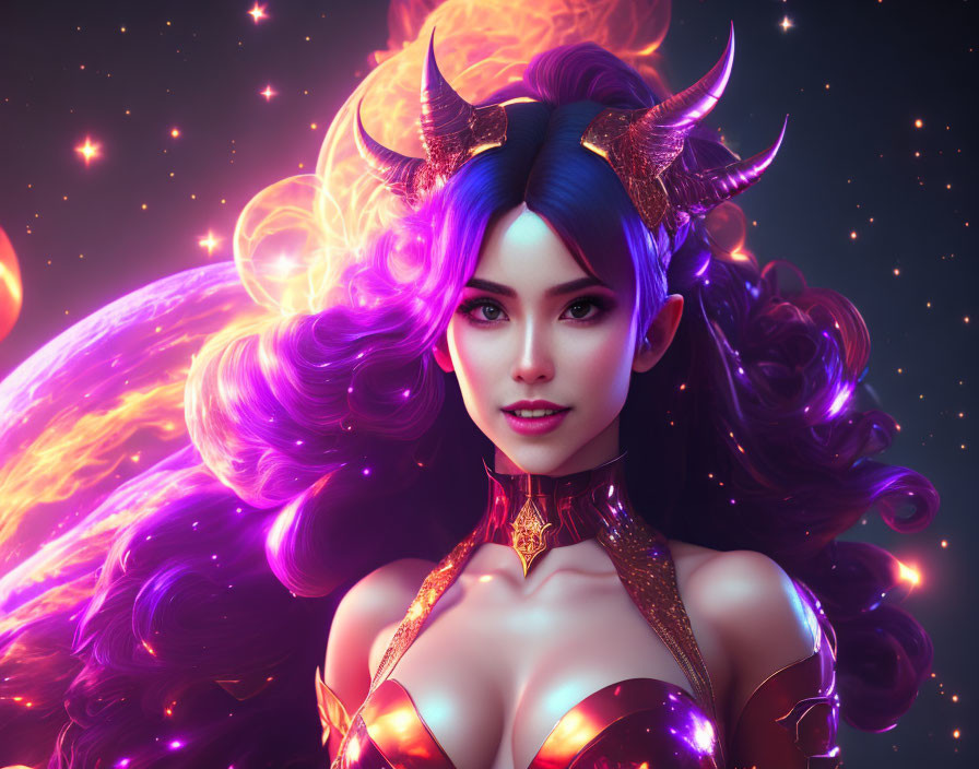 Fantasy digital artwork: Female character with purple hair, horns, glowing armor, starry background