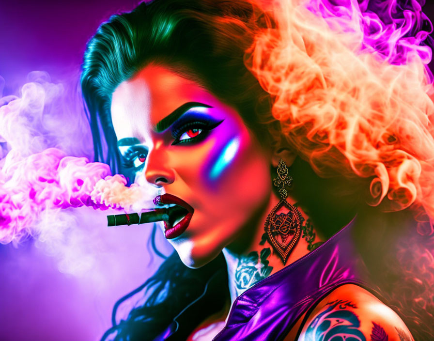 Vibrant image of a woman with tattoos in colorful lighting and dramatic makeup