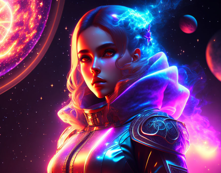 Futuristic female digital art portrait with cosmic energy & vibrant space elements