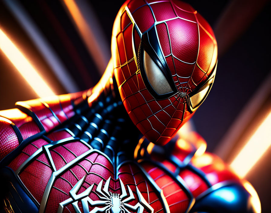 Detailed Close-up of Red and Blue Spider Suit with Web Pattern