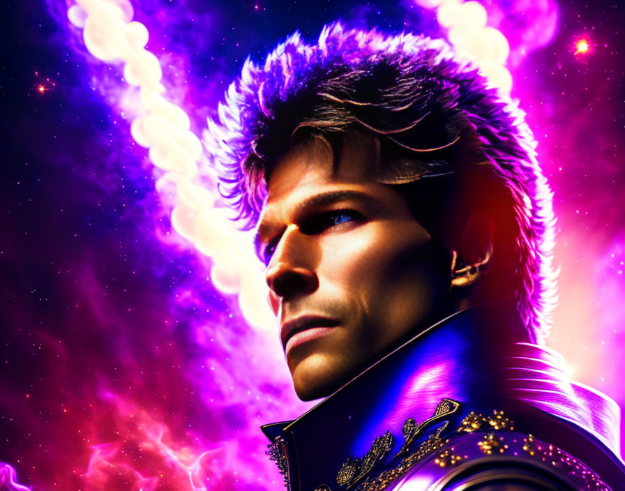 Striking portrait of a man with purple cosmic background