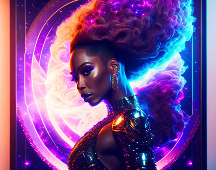 Voluminous Curly Hair Woman with Futuristic Makeup in Cosmic Setting