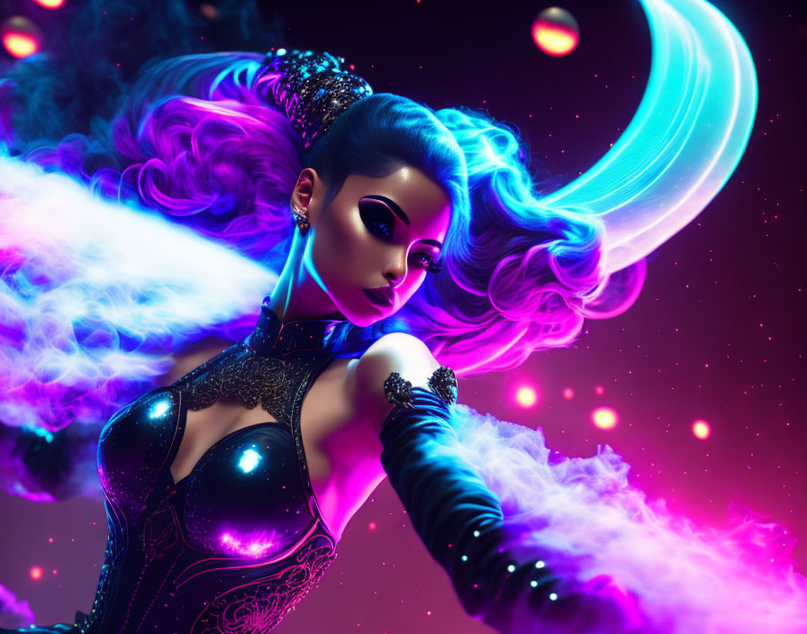 Fantasy-themed female figure with blue hair in cosmic setting