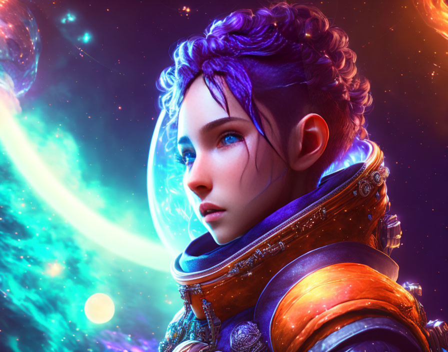 Female astronaut in cosmic armor against vibrant starry backdrop