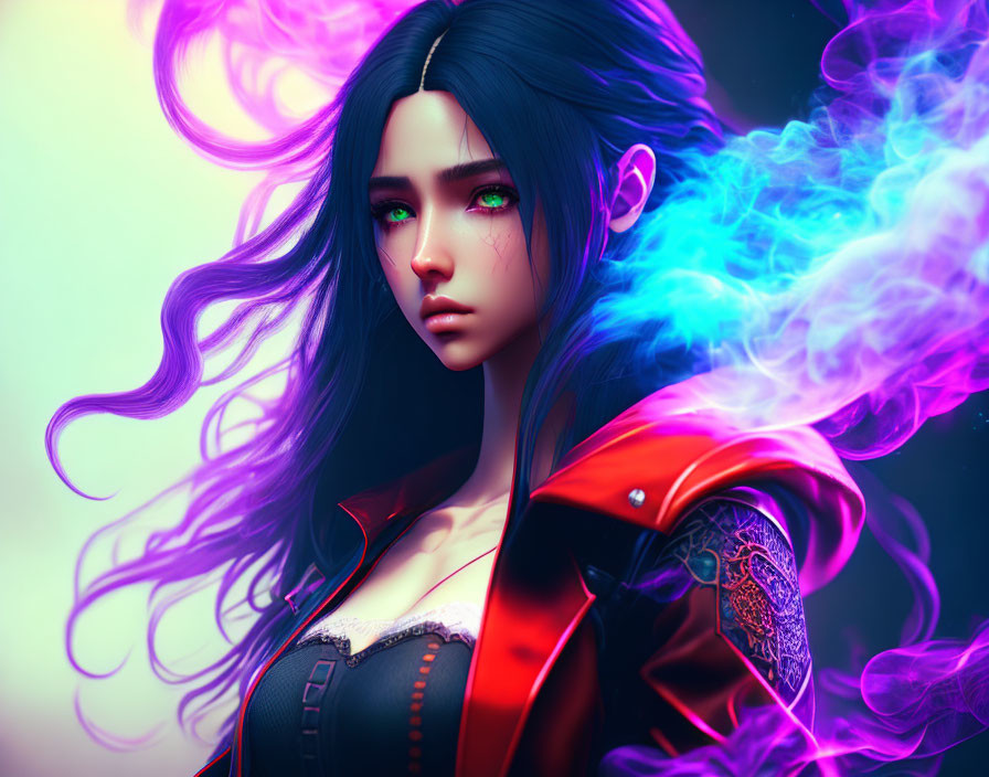 Digital artwork featuring woman with purple hair, green eyes, in red and black attire amidst swirling smoke