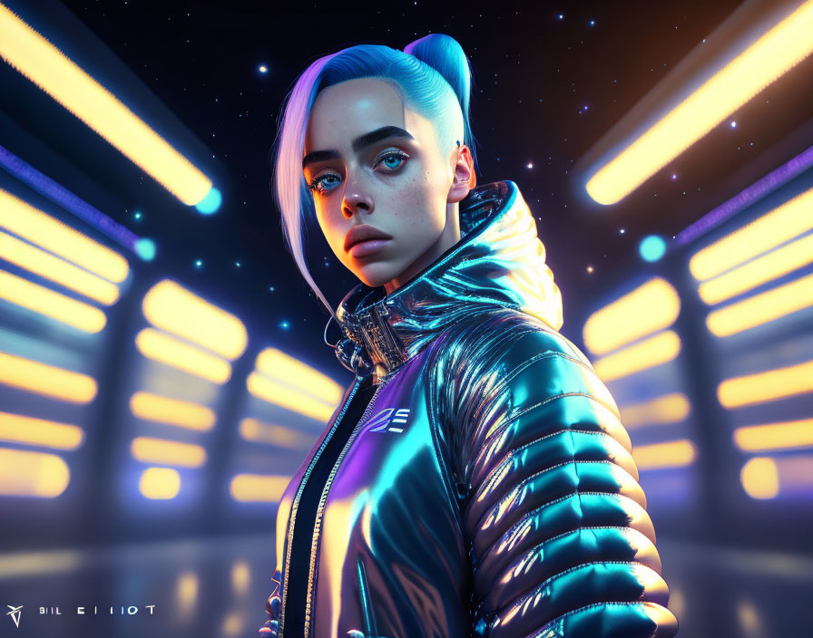 Blue-haired person in metallic jacket gazes in neon-lit corridor