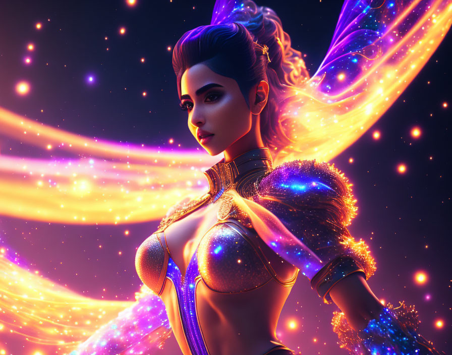 Futuristic female character with glowing armor and iridescent wings in cosmic setting