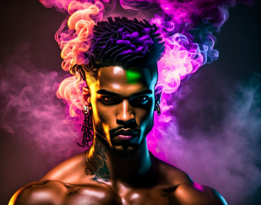 Intense gaze person with styled hair and colorful smoke in dynamic lighting