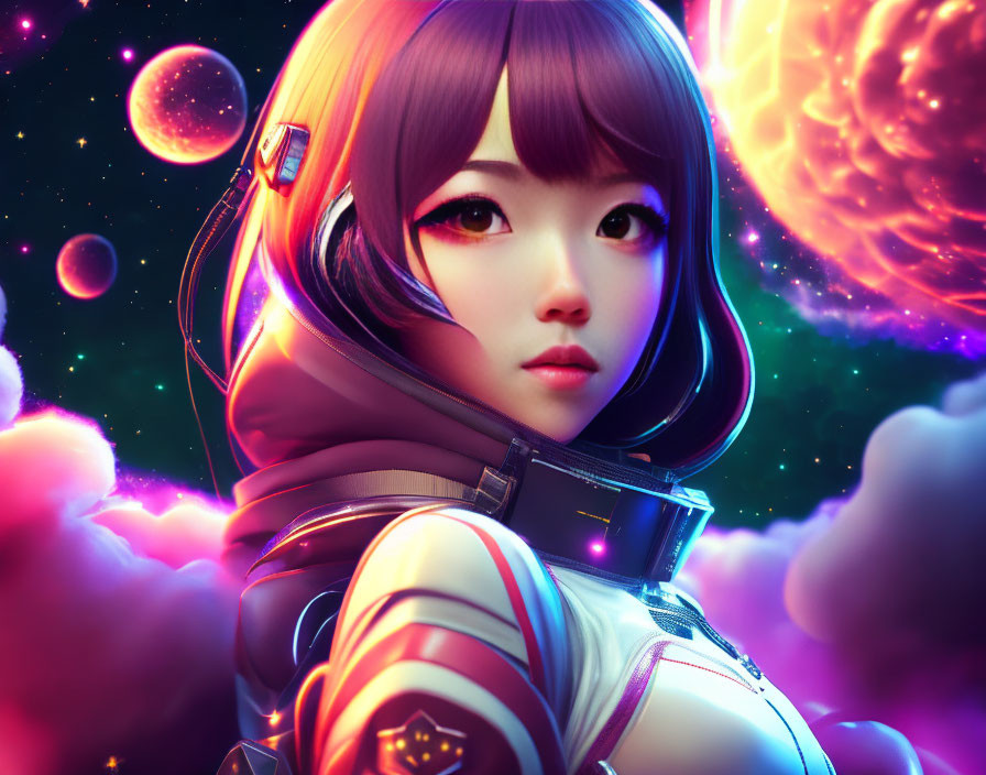 Stylized female astronaut in futuristic suit against vibrant space backdrop