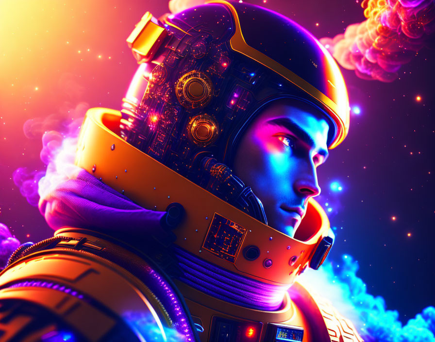 Detailed astronaut digital artwork in glowing suit against cosmic background