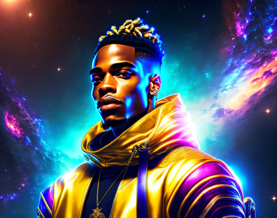 Colorful Stylized Portrait of Confident Man with Cosmic Background