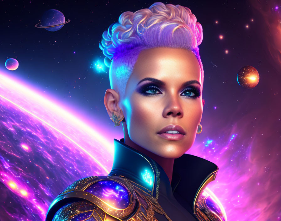 Stylish white mohawk woman in futuristic cosmic setting