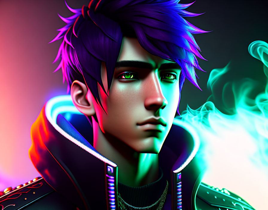 Male digital art portrait with purple hair, green eyes, and neon-lit jacket