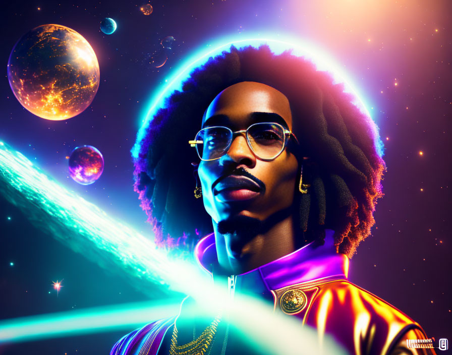 Digital portrait: person with glasses, afro hair, shiny jacket, cosmic backdrop.