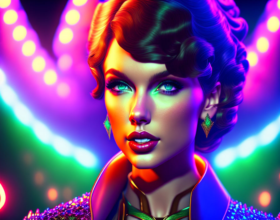 Colorful digital portrait of a woman with stylized hair and makeup on bokeh light backdrop