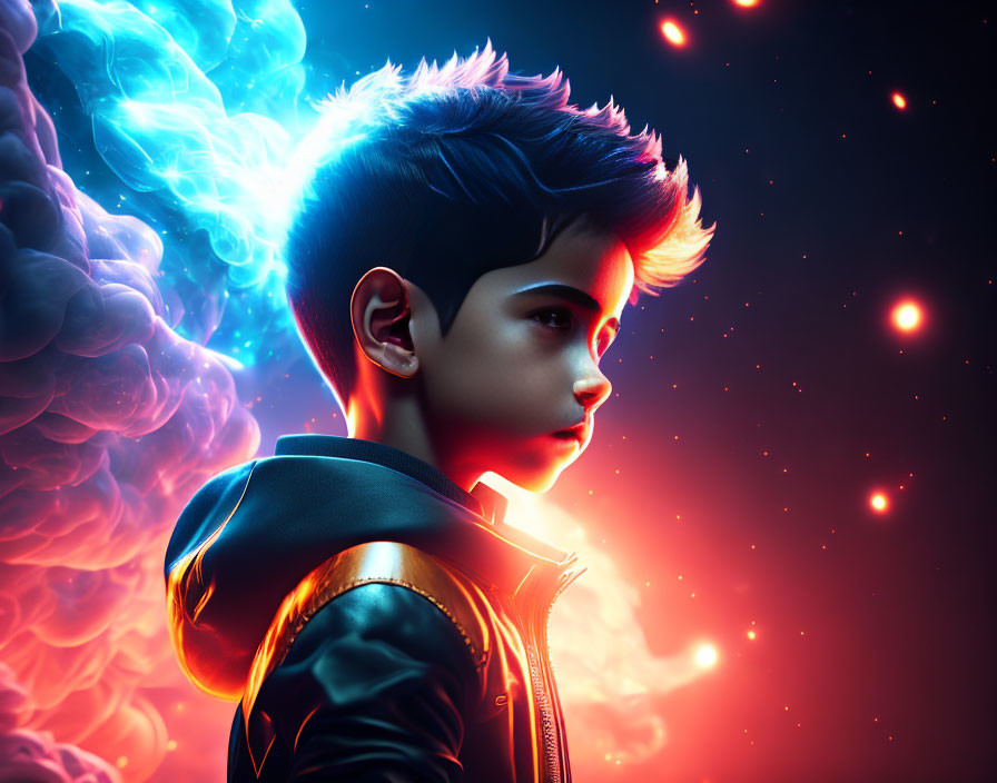 Young boy in vibrant sci-fi superhero setting with glowing profile and blue/red backlighting