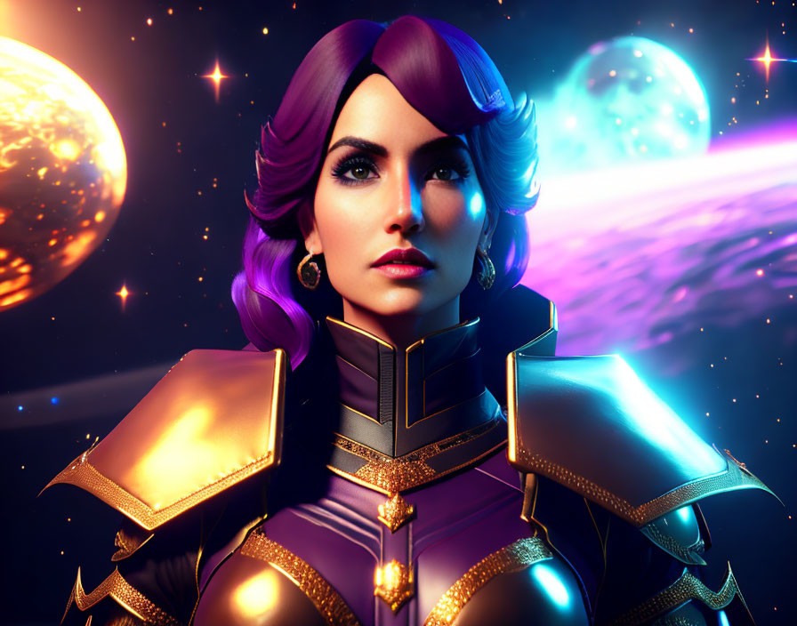 Digital artwork: Woman with purple hair in futuristic armor against cosmic backdrop