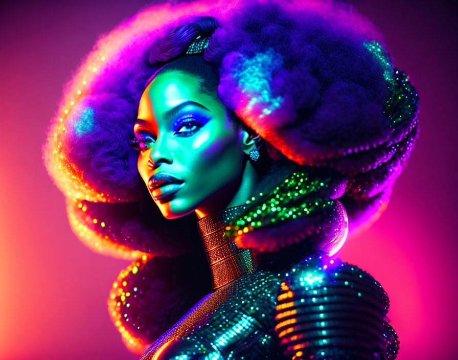 Colorful digital art portrait of woman with neon halo in futuristic style