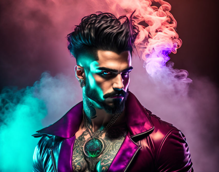 Stylized portrait of man with sculpted beard, tattoos, and piercing gaze amid vibrant smoke