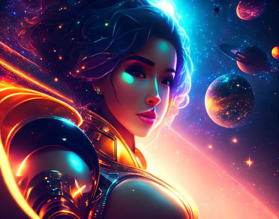 Futuristic woman with glowing hair and suit in cosmic setting