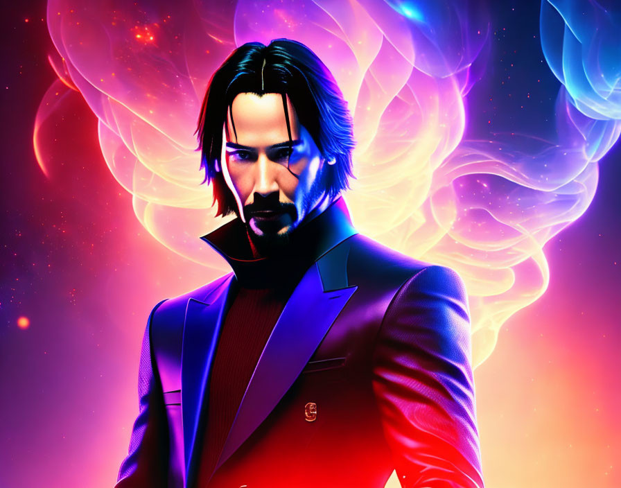 Man with Long Hair and Beard in Dark Suit Against Colorful Nebula Background