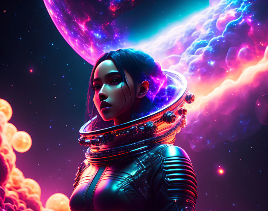 Futuristic female figure in illuminated space suit against vibrant cosmic backdrop