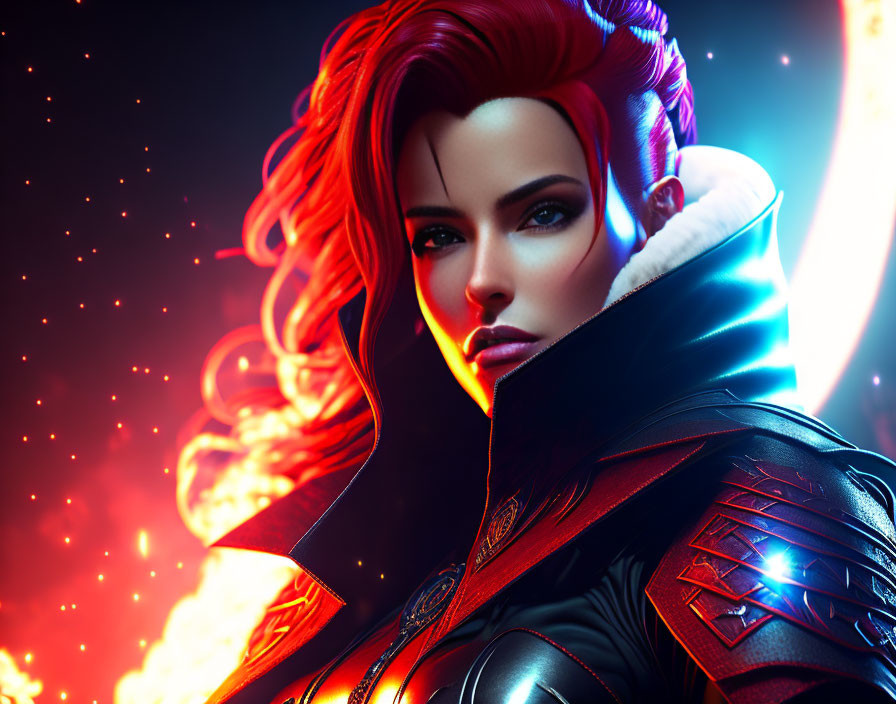 Digital art portrait: Woman with red hair in futuristic armor against fiery background