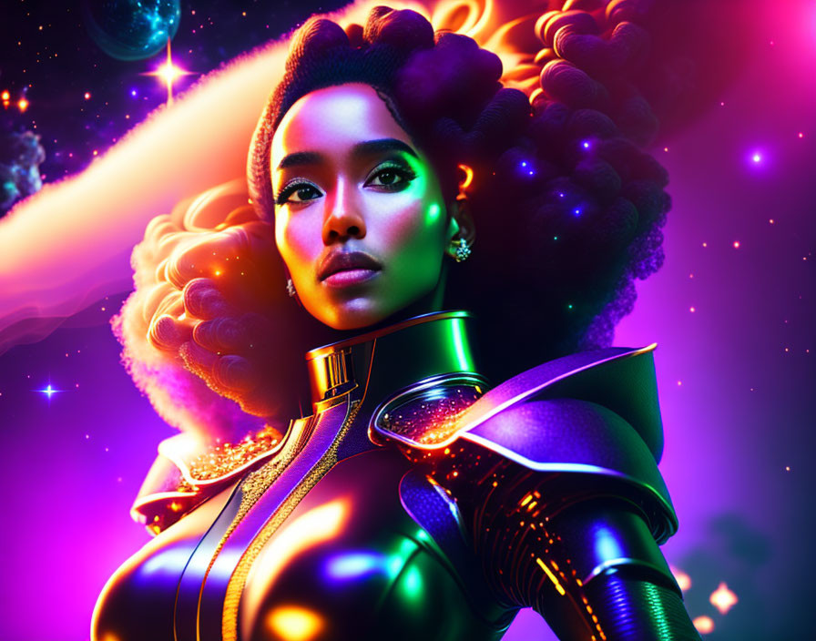 Cosmic-themed stylized portrait of a woman in futuristic armor