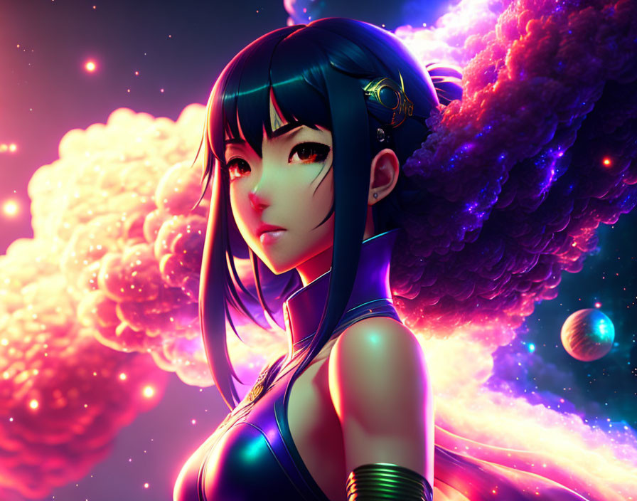 Anime-style female character with blue hair in cosmic setting