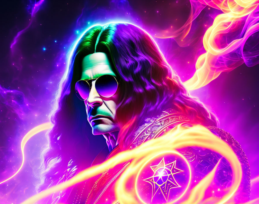 Man with long dark hair and sunglasses in vibrant digital artwork