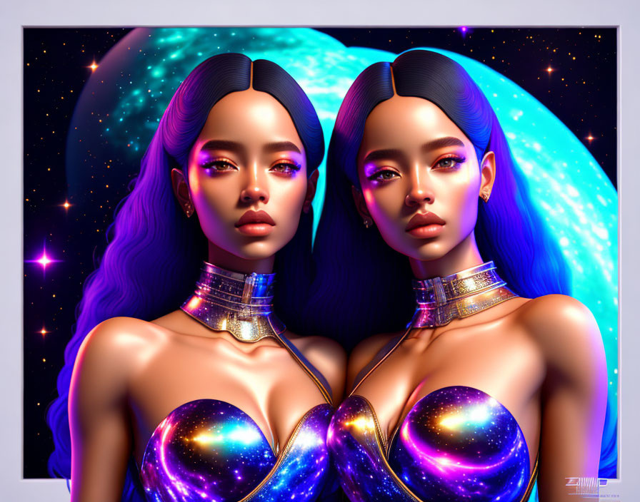 Twin female figures in space-themed makeup and attire on cosmic background