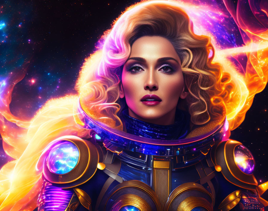 Cosmic-themed digital artwork of a woman in futuristic spacesuit