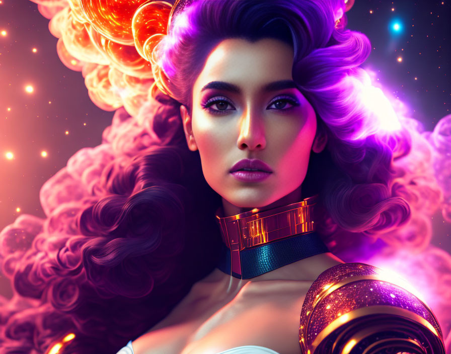 Vibrant digital artwork: Woman with purple hair, golden accessories, cosmic background