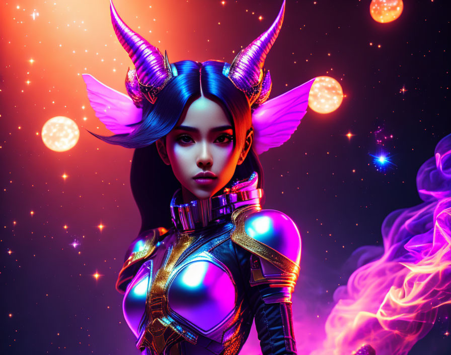 Female Character with Blue Hair & Horns in Futuristic Armor on Cosmic Background