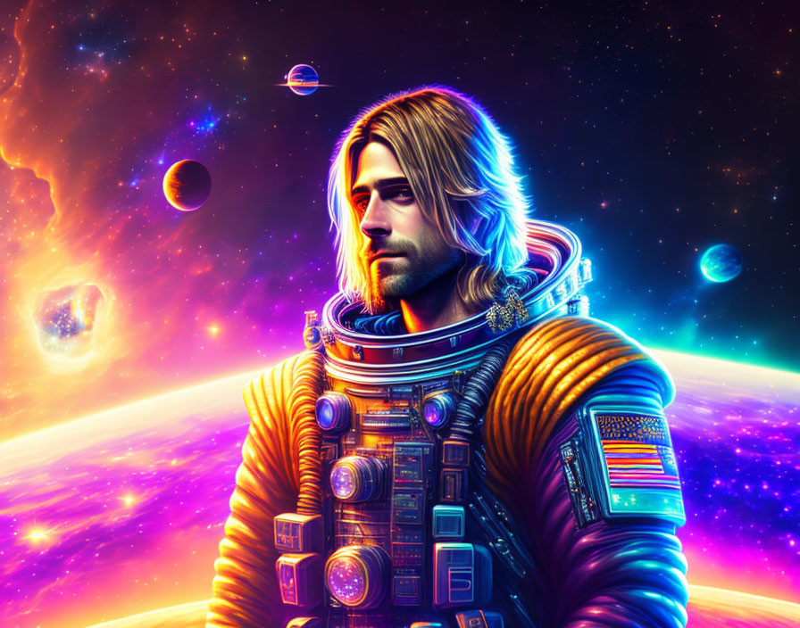 Male astronaut with long hair in cosmic digital art