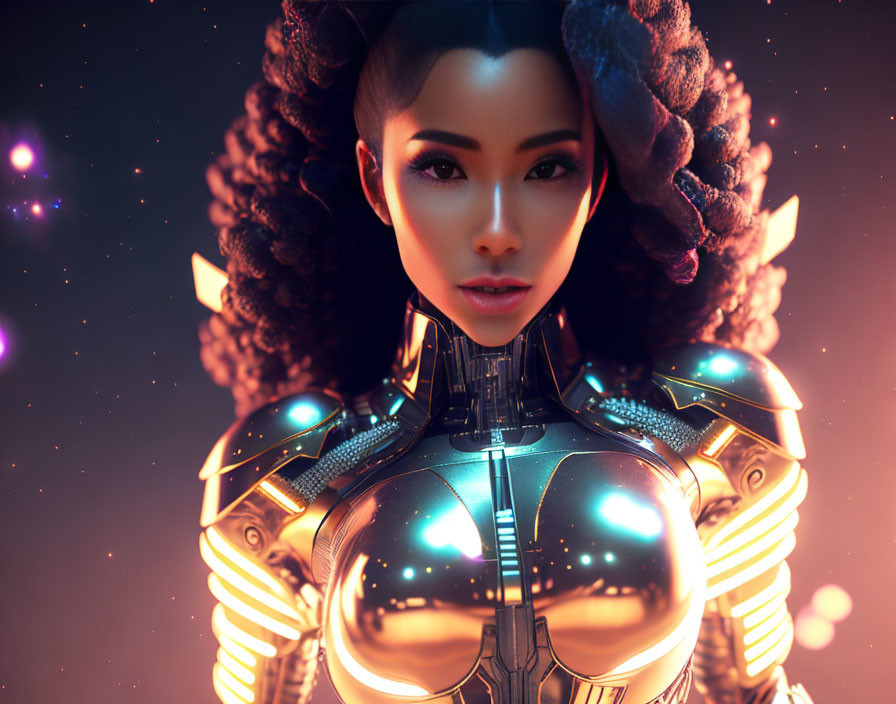 Digital artwork: Female character in futuristic armor with glowing elements on cosmic background