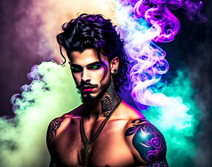 Portrait of a man with beard, tattoos, piercing green eyes, and colorful smoke swirls