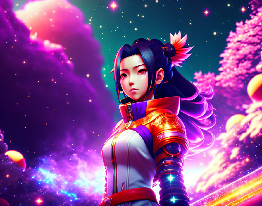 Purple-haired female character in futuristic attire on cosmic backdrop